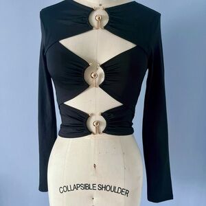 Fashion Nova - Black Long-Sleeve Cutout Ring-Detail Crop Top - Size S